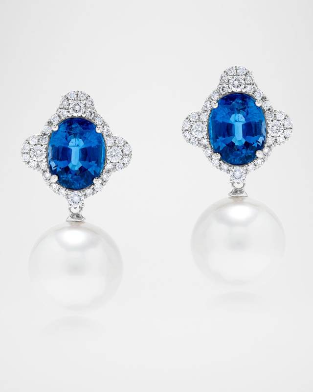 18K White Gold Pearl and Kyanite Earrings with Diamonds